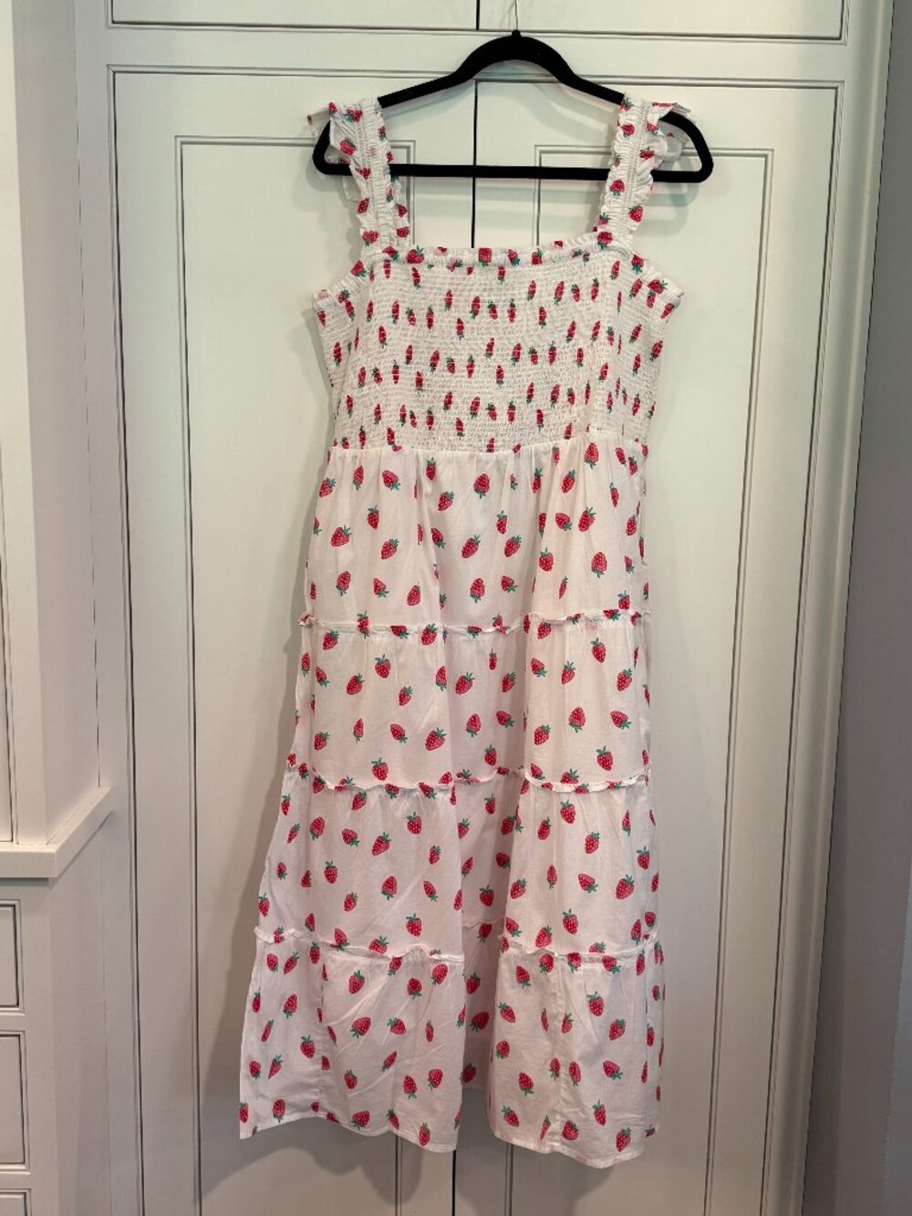 NWT J Crew Factory Smocked Tiered Midi Dress Strawberry XL $118